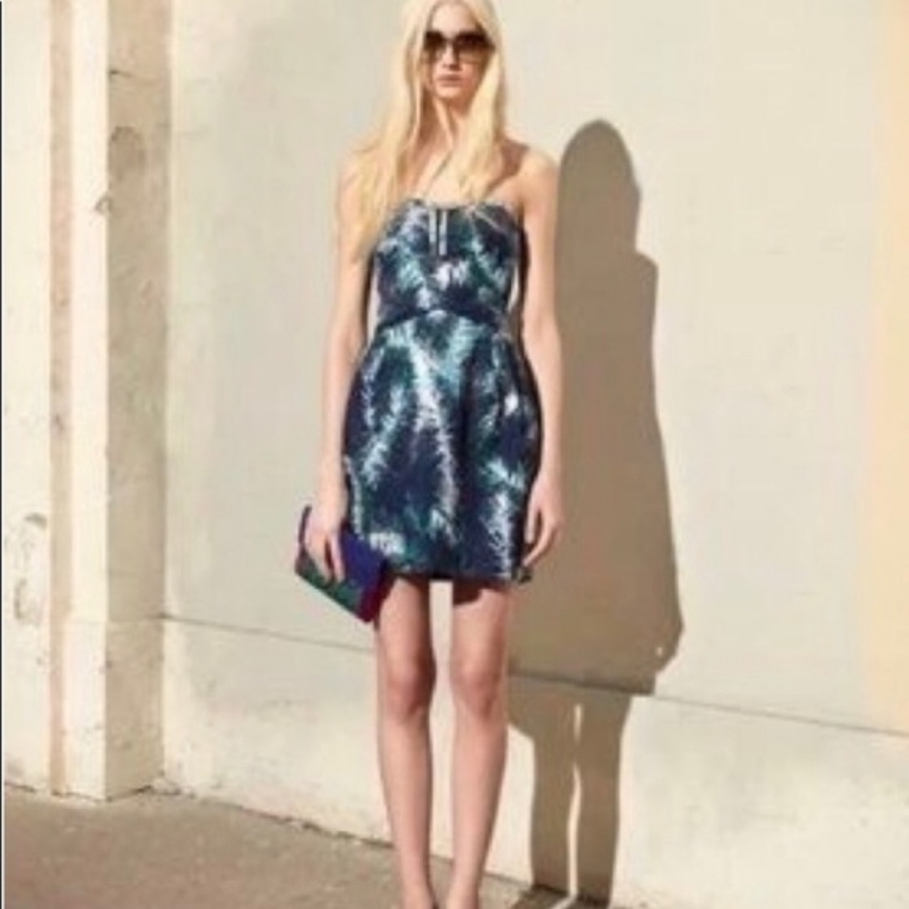 . Club Monaco Palm Print Strapless Dress